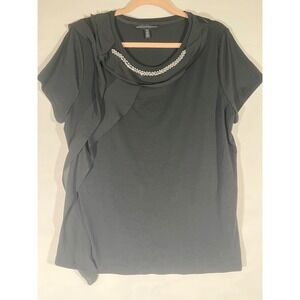 White House Black Market Women's Embellished Ruffle Tunic‎ Tee Black XL